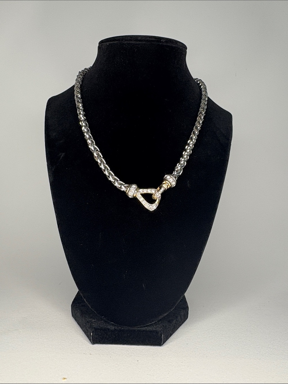Two-Tone Silver and Gold Pave Wheat Chain Necklace - Women's Fashion Jewelry